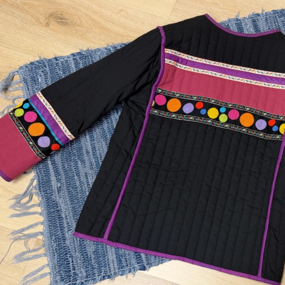 Hand Crafted Black purple colorful geometric Quilted Blazer jacket deep pockets